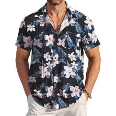 Imagem de COOFANDY Camisa masculina casual de botão manga curta texturizada linho verão praia camisa com bolso, Floral branco marinho, GG