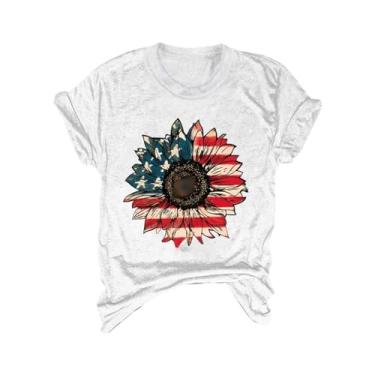 Imagem de Camiseta feminina de verão para o Dia da Independência, com estampa de girassol, gola redonda, túnica de manga curta, Branco, G
