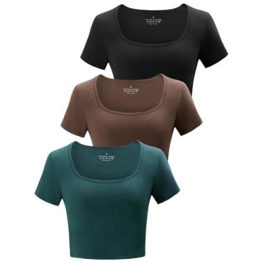 Imagem de Yeawinta Pacote com 3 camisetas femininas cropped de algodão manga curta camisetas básicas cortadas, Preto/Café/Verde Esmeralda, P