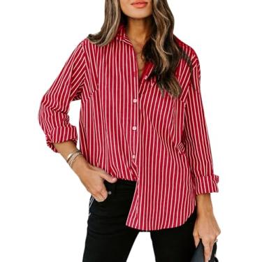 Imagem de siliteelon Camisas femininas de botão de algodão listradas camisa social manga longa colarinho escritório trabalho blusas tops, Listrado vermelho vívido, 3G