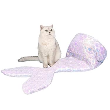 Imagem de WEALTHY73 Saco de dormir para gatos sereia para animais de estimação, quente, tridimensional, sem colapso, almofada para animais de estimação quatro estações, universal, cama fofa para gatos, roxa, 85