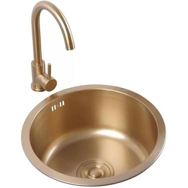 Imagem de Pia de tigela única redonda de aço inoxidável dourada Mini bacia de lavar louça de tamanho pequeno Hotel RV Kitchen Bar Pia de tigela única varanda piscina para lavar as mãos, dourada, 40 *
