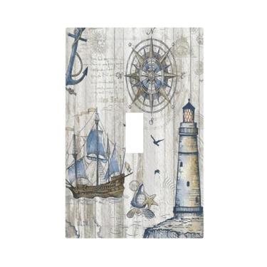 Imagem de Capas para interruptores de luz, 1 interruptor náutico, barco, madeira, interruptor único, placa de parede decorativa para decoração de quarto de banheiro