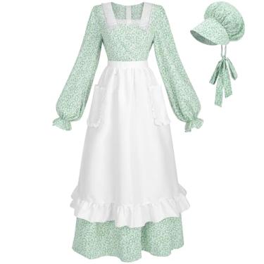 Imagem de FCCAM Fantasia colonial de pioneiro para mulheres, vestido floral pradaria, avental com babados com bolsos, vestido da guerra civil verde, G