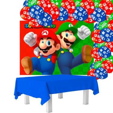 Imagem de Kit Feta Super Mario Decoração Painel + Toalha azul + Balão - Festcolo