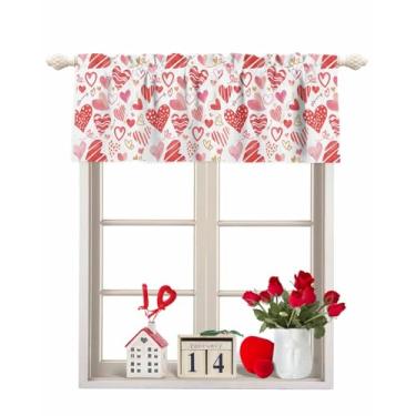 Imagem de Cortina de Dia dos Namorados para Janelas Coração Rosa Vermelho Rod Pocket Sanefa Tratamentos Aquarela Amor Romântico Coração Cortinas Curtas para Cozinha Janelas Sala de Estar Quarto Decoração 137 x
