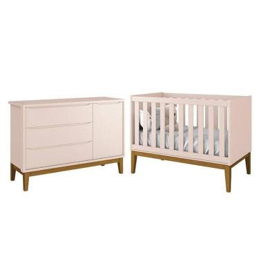 Imagem de Jogo De Quarto Infantil Cômoda 1 Porta E Berço Classic Rosa Fosco Com Pés Amadeirado - Reller Móveis Rosa Fosco