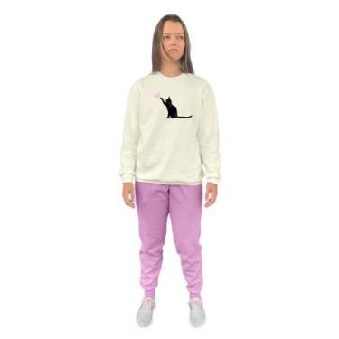 Imagem de Conjunto de Moletom Feminino Blusa Sem Capuz e Calça Jogger Estampado 