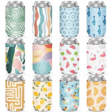 Imagem de HooAMI Pacote com 12 latas de verão com manga térmica de neoprene com isolamento macio, refrigeradores de latas a granel, garrafa de piscina de praia, porta-bebidas, decorações de festa, pre