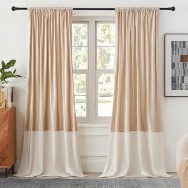 Imagem de Cortinas de veludo 228,6 cm de comprimento para sala de estar, champanhe, marfim, 2 painéis, cortinas blackout modernas com bloco de cores, bolso traseiro para varão, cortinas à prova de som, para