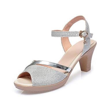 Imagem de Sandálias femininas douradas verão sapatos femininos sandálias de dedo do pé aberto sandálias femininas de salto alto fashion para mulheres(Silver,41EU)