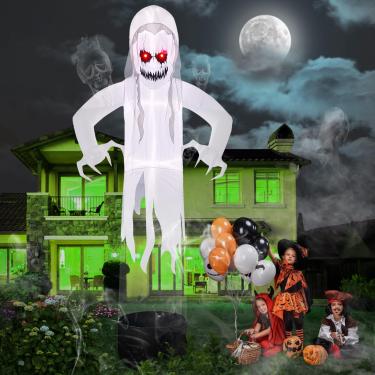 Imagem de Kalolary Grande Decoração Inflável De Halloween 12 Pés, Fantasma Branco Levitando, Animado Olhos Vermelhos Com Leds Embutidos, Assustador Para Quintal, Jardim, Gramado, Interna E Externa