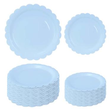 Imagem de FALIZIFU 50 peças de pratos de papel recortado azul claro 63 cm x 19 cm e 65 × 23 cm pratos de jantar descartáveis azul bebê para casamento, chá de bebê, festa de aniversário, prato de sobremesa