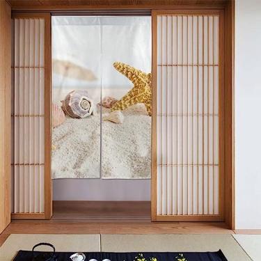 Imagem de Cortina japonesa com tema de concha de estrela do mar pérolas Noren cortina divisória de banheiro tapeçaria de porta tratamento de janela para decoração de casa 86 x 142 cm