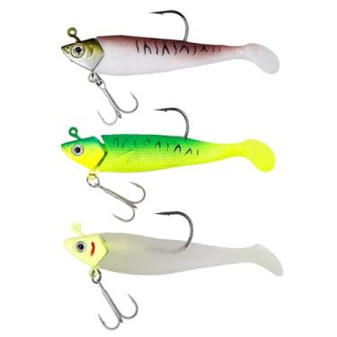 Imagem de Balifly Iscas de pesca de plástico macio com cauda de remo ganchos duplos para robalo, truta tipo de peixe para água salgada e água doce, isca de pesca 3 peças FS/RE-12A, 4,53 polegadas, 38 g)