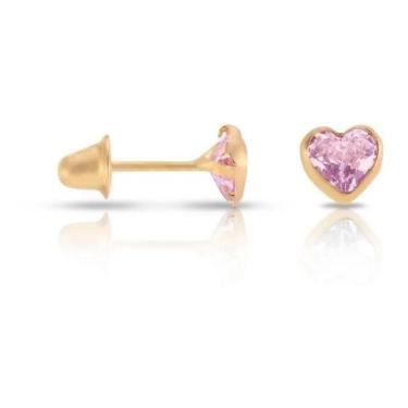 Imagem de Brinco De Ouro 18k 750 Infantil Coração Pedra Rosa 4mm - Zello