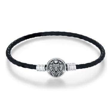 Imagem de DRINSPER Pulseiras de couro Hecate para homens e mulheres prata esterlina 925 tripla deusa hekate pulseira trançada preta feita à mão pulseira de couro magia pagã magia bruxaria pulseira de proteção