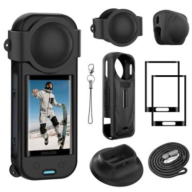 Imagem de FitStill Kit de acessórios de proteção apenas para Insta 360 X5 óptico 2 peças de protetor de tela de vidro temperado + tampa de lente de borracha + capa protetora de borracha de silicone + suporte de