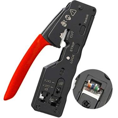 Imagem de Yankok [O Crimper Thru Ultimate Pass ] para Cat5 Cat5e Cat6 Conectores de rede Cat6a Cat7 Plugues modulares blindados RJ45 RJ12 RJ11 Ferramenta de passagem através de crimpagem (corte e carmim tudo em um. Alça vermelha)
