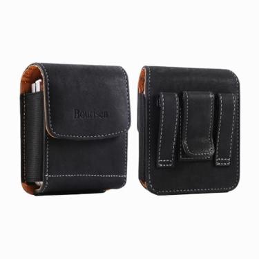 Imagem de Bourisen Capa universal para telemóvel, coldre para telemóvel, clipe para cinto, passadores de cinto, ranhura para cartão, couro sintético para iPhone/Samsung/LG/Moto (preto e amarelo, PP (9,4 cm x