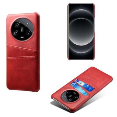 Imagem de Capas Compatível com Xiaomi 14 ULTRA,Caso de couro PU-Tampa de telefone a prova de choque com 2 slots de cartão,Proteção anti-impressão digital e anti-gota-Red