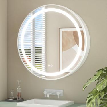 Imagem de Keonjinn Armário de remédios redondo de 66 cm com luzes, espelho de armário de remédios de LED branco para banheiro, círculo, tomada elétrica, 3 luzes coloridas, antiembaçamento, regulável, somente