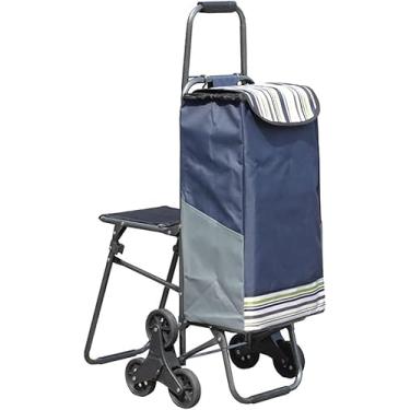 Imagem de Suporte De Aço Dobrável Para Carrinho 6 Rodas Heavy Duty 100kg Organizador 33l Com Assento Roda De Subir Escadas Idosas Removível Para Mercado De Alimentos De Supermercado, Blue