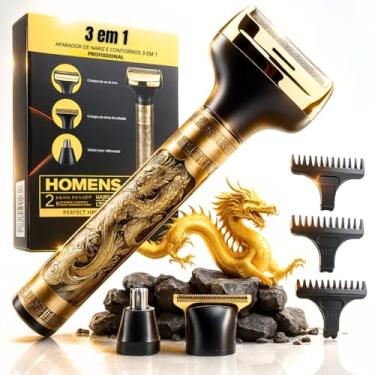 Imagem de Máquina de Cortar Cabelo Dragão Dourado e Aparador 3 em 1 com Lâminas de Alta Precisão – Barba, Nariz e Acabamentos Recarregável USB com Lâminas Afiadas e Pentes Guia