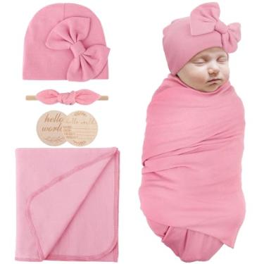 Imagem de AQOKKA Cobertor de recém nascido com chapéu de laço, faixa de cabeça, conjunto de cartões de madeira, recém-nascidos, bebês, meninos, meninas, berçário, envoltório