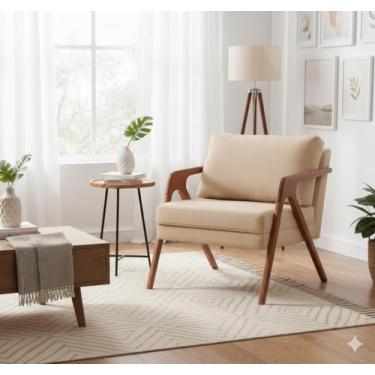 Imagem de Poltrona Decorativa para sala Mona Luxo em Linho Bege e Pés em Madeira Maciça para sala quarto escritorio clínica consultório Ultra Resistente