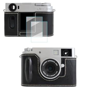 Imagem de VOVMOEYA Capa de câmera para Fujifilm X Half, meia capa de couro PU para câmera com 2 peças de filme temperado