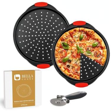 Imagem de Conjunto de 2 formas de pizza de 30 cm perfuradas antiaderentes para crosta crocante, assadeiras de aço carbono resistentes ao calor, bandejas de forno de pizza laváveis na lava-louças para