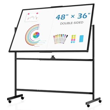 Imagem de AMUSIGHT Quadro branco grande com rolamento de 122 x 91 cm, quadro branco magnético de rotação de 360° com suporte, cavalete de quadro branco de dois lados sobre rodas, quadro grande apagável a seco