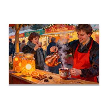 Imagem de Barraca de vinho quenteArte em tela de Natal inspirada no impressionista, decoração de parede quente para férias com pinceladas suaves para casa 20 x 30 cm sem moldura