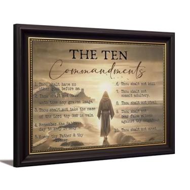 Imagem de Arte de parede retrô marrom escuro emoldurado The Ten Commandments Jesus Cristo para decoração de parede com citações inspiradoras cristãs para igreja, sala de estar, quarto, decoração de casa