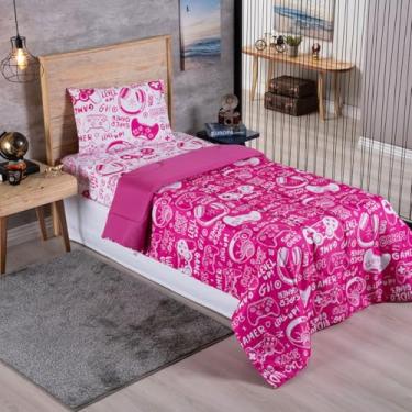 Imagem de Edredom Solteiro Dupla Face Avulso Infantil Game 01 Peça Decoração para Quarto Estampas Divertidas (Game Pink/Branco)