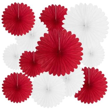 Imagem de 20 peças de ventilador de papel para pendurar vermelho e branco, ventiladores de papel redondos de colmeia para casamentos, aniversários, Natal, chás de bebê, sala de aula, eventos, decoração de teto