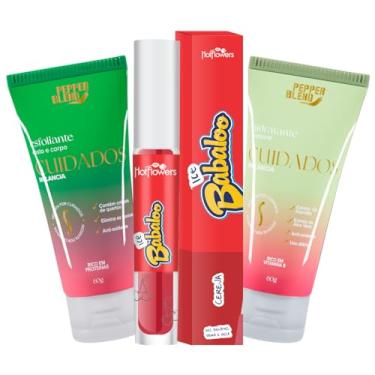 Imagem de Kit Gloss Brilho Labial Ice Sabor Uva, Cereja, Tutti Frutti e Melancia com Hidratante e Esfoliante Corporal de Melancia (Cereja)