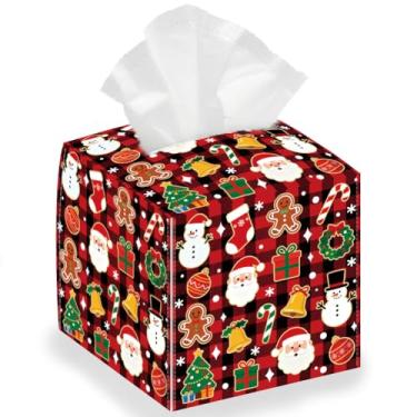 Imagem de DELORIGIN Caixa de couro quadrada com elementos de Natal, capa de tecido, dobrável, caixa de armazenamento de lenços à prova d'água, caixa de papel toalha, organizador de recipientes, suporte de