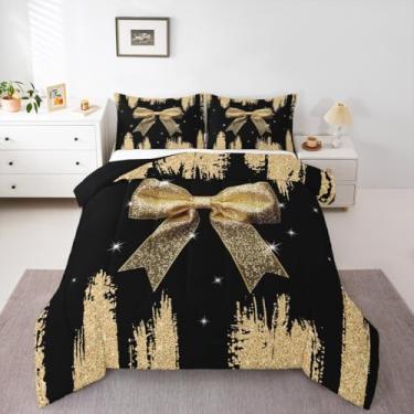 Imagem de Conjunto de edredom com laço de champanhe, com lantejoulas; conjunto de cama casal com laço de princesa sonhadora, céu estrelado, aquarela, gravata borboleta, enchimento, decoração de quarto, estética