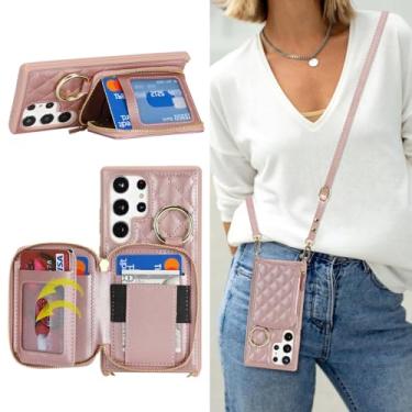 Imagem de Hamany Capa carteira transversal para Galaxy S24 Ultra, bolsa de mão de couro PU com zíper, capa flip, capa com suporte para cartões, alça de pulso - ouro rosa