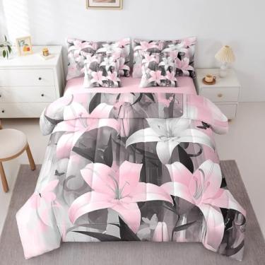 Imagem de Feelyou Conjunto de edredom para meninas, solteiro, com estampa de borboleta, floral, rosa, preto, simples, moderno, arte abstrata, 7 peças, para decoração de quarto