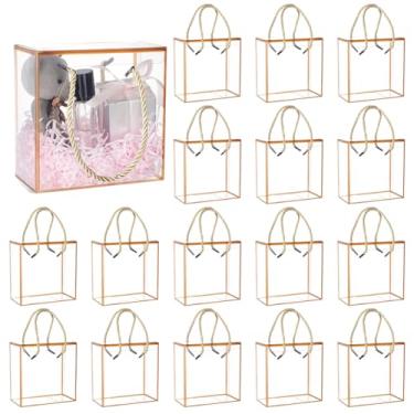 Imagem de BENECREAT Pacote com 20 caixas de lembrancinhas transparentes, caixas de presente de plástico PET de 14 x 14 x 7,6 cm com borda dourada, caixa de festa retangular durável para casamentos, aniversários