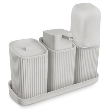 Imagem de Kit Para Banheiro 3 Peças Dispenser Sabonete Porta Algodão Escova (Cinza Claro)
