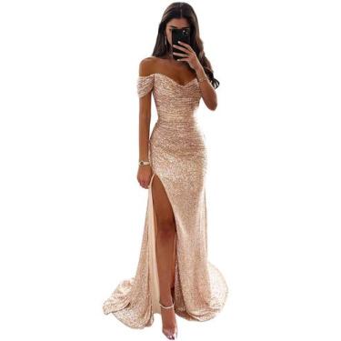 Imagem de Vestido de formatura YmeiPaodw, lantejoulas, ombro, sereia, ouro rosa