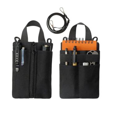 Imagem de VSIVSI Pequena bolsa de ferramentas com zíper, bolsa tática EDC com alça ajustável no pescoço para homens, organizador de bolso de nylon para lanterna, equipamento de faca, telefone (preto)