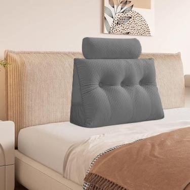 Imagem de Almofada triangular de veludo, almofada de cabeceira com capa removível para sofá-cama, suporte para posicionamento do encosto, almofada de descanso e leitura relaxante (cinza com travesseiro de rolo