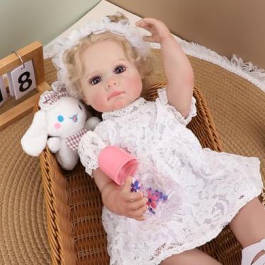 Imagem de Boneca Bebê Reborn Menina Princesa Corpo de Silicone Realista Pintado com Acessórios (55cm Cabelo Loiro Olhos Castanhos）
