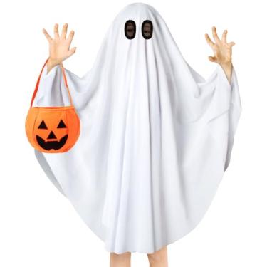 Imagem de Snwquik Fantasia de fantasma para crianças, fantasia de fantasma infantil com bolsa de abóbora, fantasias assustadoras de Halloween para meninos e meninas (GG (7-9 anos))
