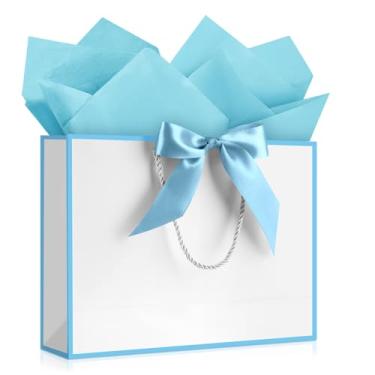 Imagem de YoungTree Saco de presente branco com papel de seda e 1 fita de cartão comemorativo, bolsa de presente de papel portátil com alças, sacolas de presente de aniversário, sacolas de presente para